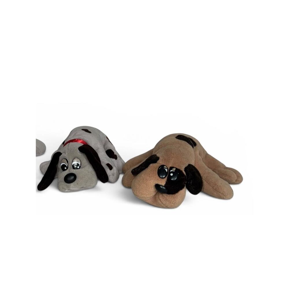 Vintage Tonka Pound Puppies Newborn Lot 2 Gray Brown Plush Dogs Red Collar 8"
